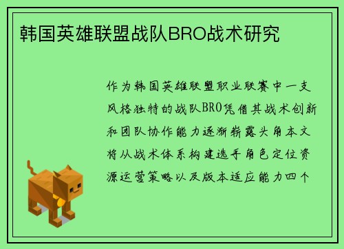 韩国英雄联盟战队BRO战术研究